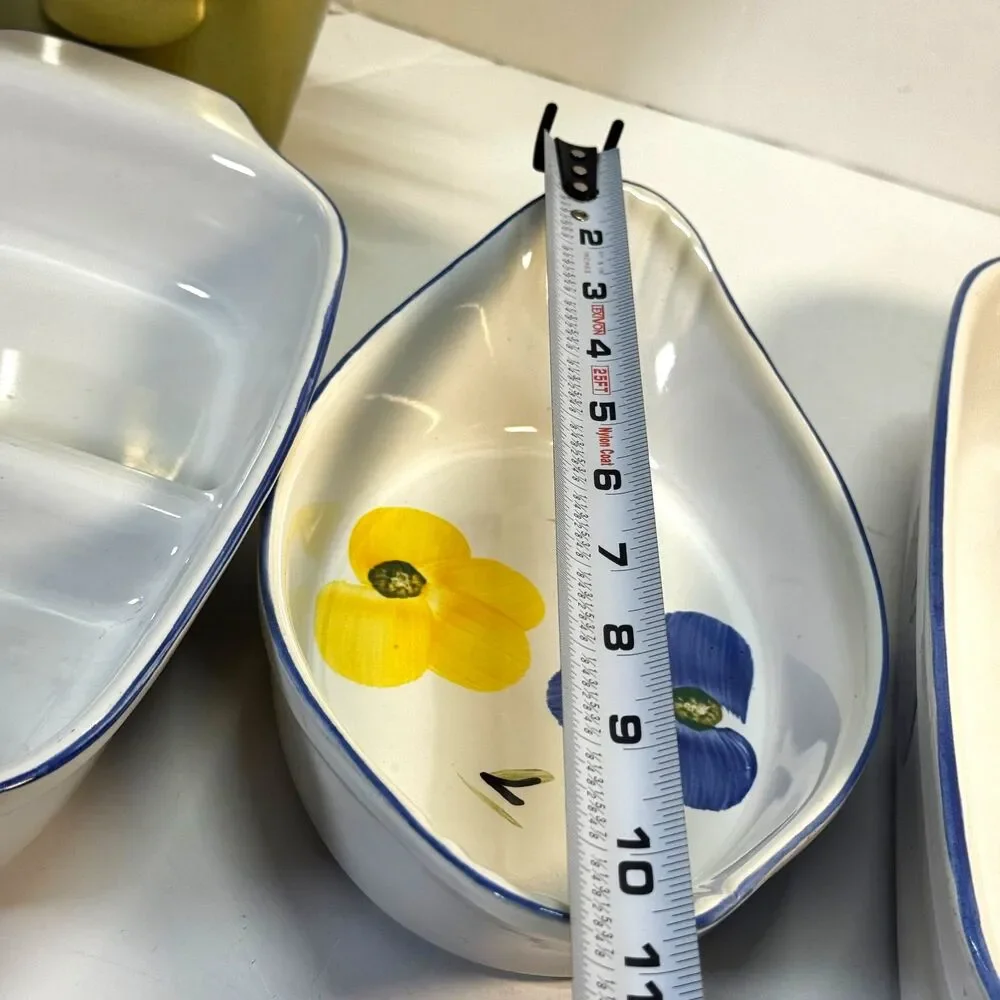 Hand Painted Portuguese Bakeware Floral Blue Yellow Divided Baker Oven To Table